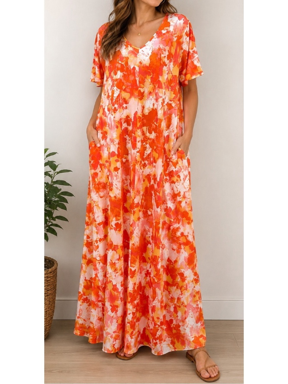 Zenana orange, white, and yellow tie-dye, splash-print maxi dress